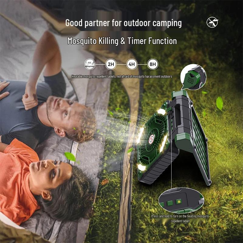 Solar-Powered Portable Camping Fan with USB Charging and LED Light