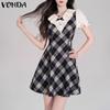 VONDA Women Elegant Puff Sleeve Stitching Neck Casual Mini Pleated Dress