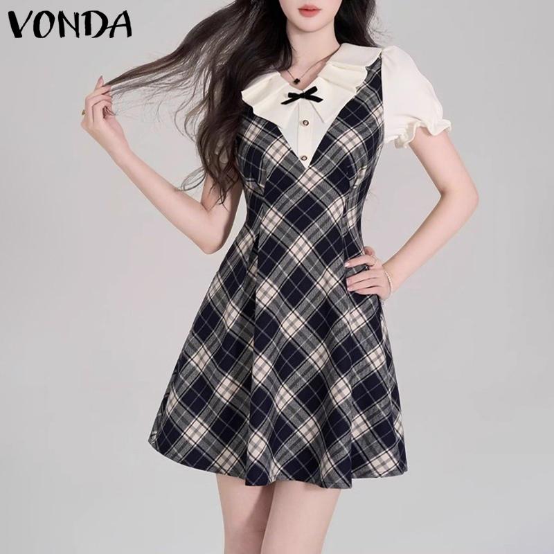 VONDA Women Elegant Puff Sleeve Stitching Neck Casual Mini Pleated Dress