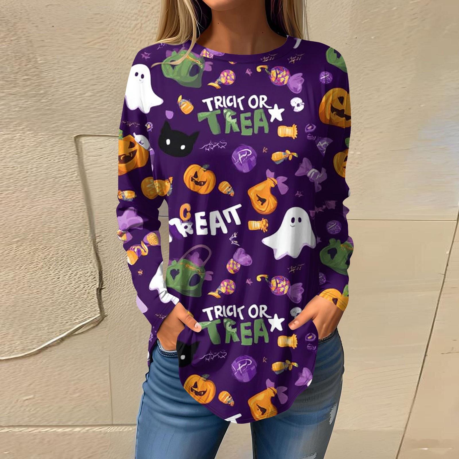 

Женская модная свободная футболка с круглым вырезом и принтом на Хэллоуин, с длинным рукавом, топ-пуловер L