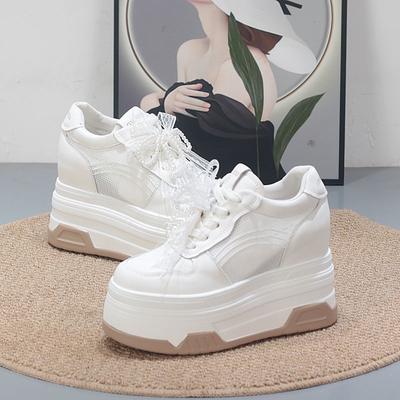Stivali alla caviglia alla moda 10CM in rete d'aria e pelle in microfibra Stivali alla moda estivi Sneakers chunky Scarpe traforate Marca alta Stivaletti comodi Donna