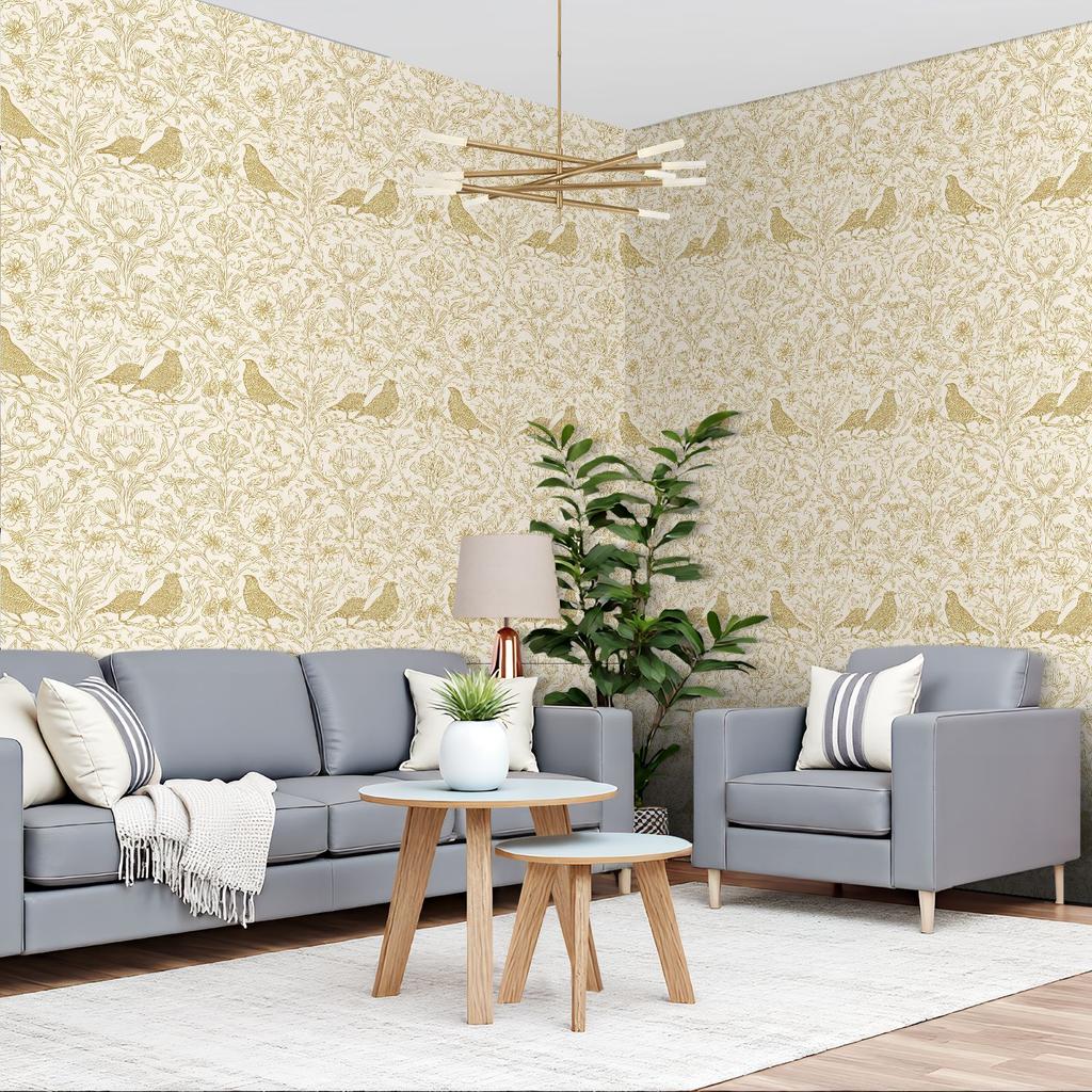 Vintage Blumen Vogel Gold Tapete 22,83"X118" Wasserdichte Tapete für Wohnzimmer/Schlafzimmer/Badezimmer PVC Wandaufkleber