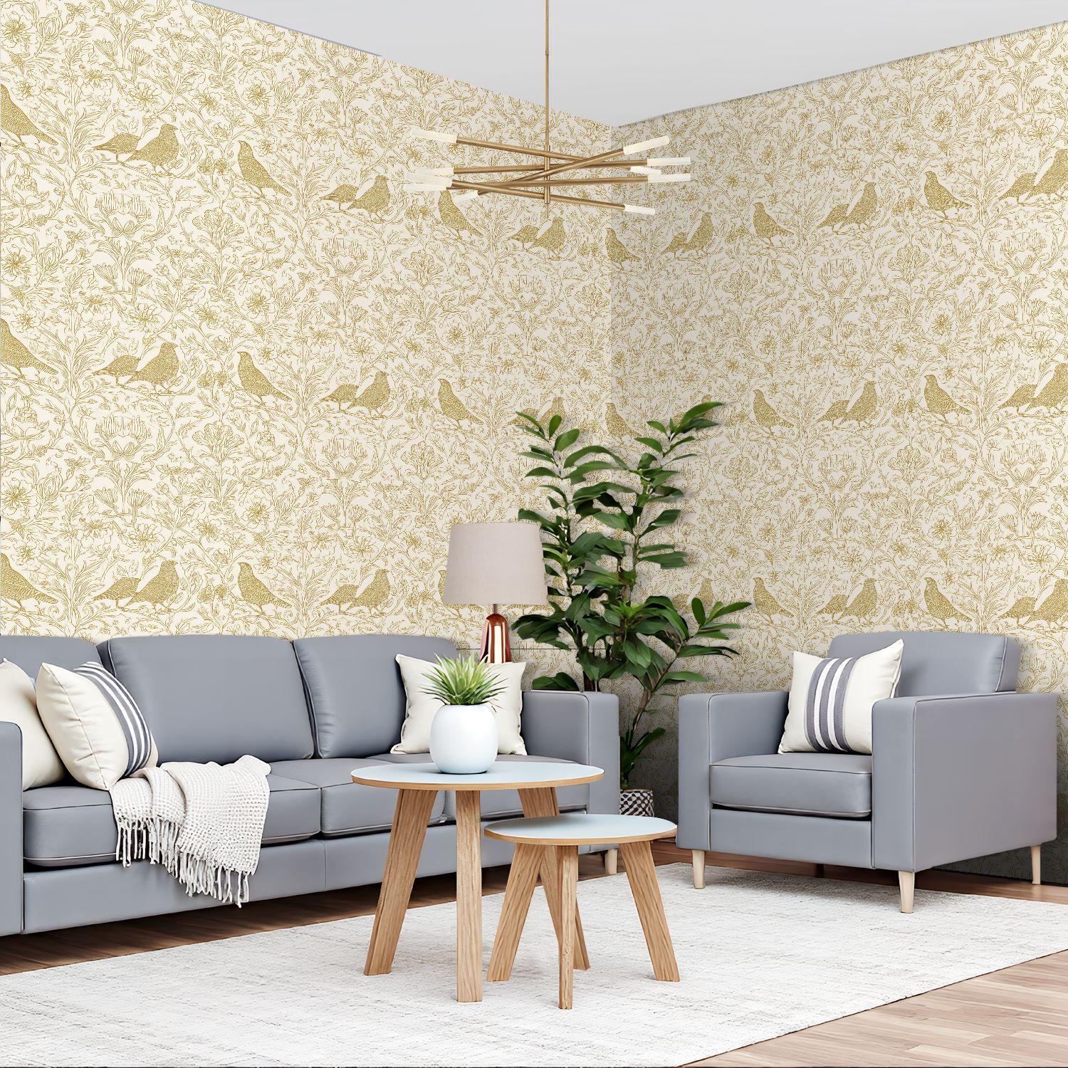 Vintage Floral Bird Gold Wallpaper 22.83 X118  Waterproof Wallpaper for Living Room/Bedroom/Bathroom PVC Wall Sticker