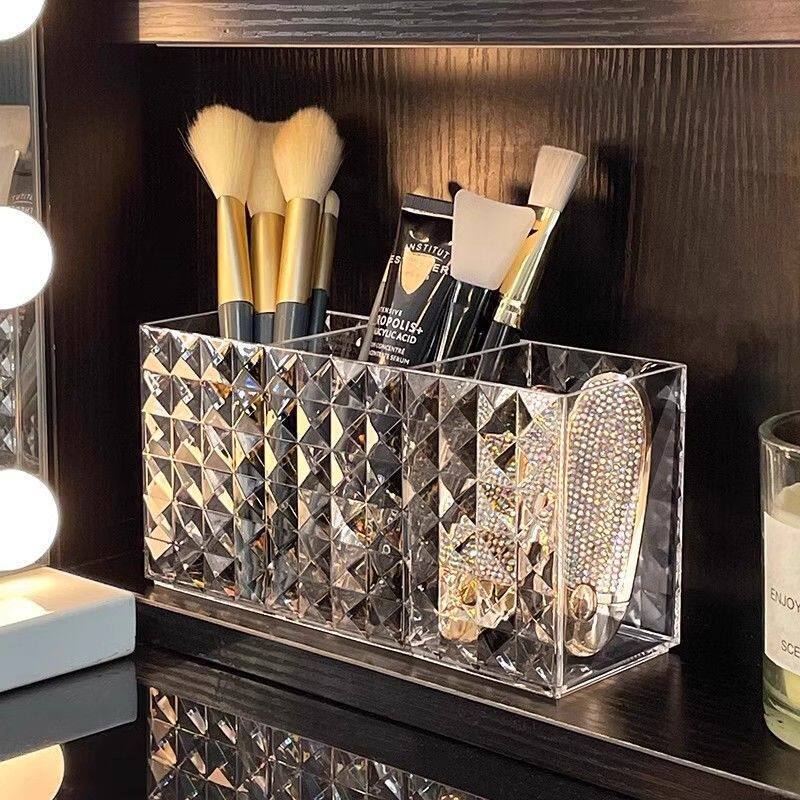 Diamond Patterned Mirror Cabinet Storage Box Clear Acrylic Makeup Storage Box Eyebrow Pencil & Brush Organizer Transparent Cosmetic Holder