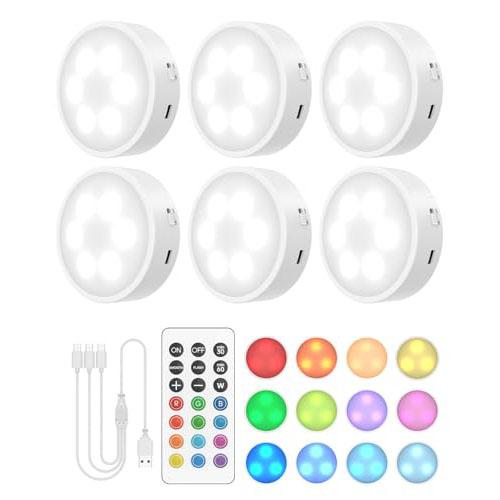 13 RGB Colors Rechargeable Puck Lights with Remote Wireless Under Cabinet Lighting with Dimmer Timer Magnetic Stick-On LED Tap Lights 6 Pack