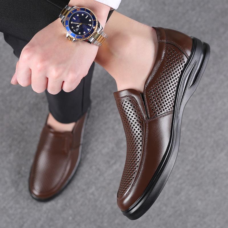Leather Shoes Men's 2024 New Business Dress Hollow Breathable Hole Sandals Men's Leather Middle-aged and Elderly Dad Casual Shoes