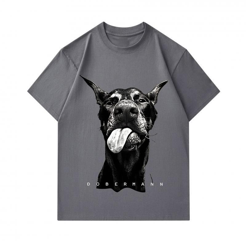 Men's 100% Cotton Short Sleeve O-Neck T-Shirt, Cute Tongue Out Doberman Dog Print Casual Comfortable Crew Neck Tee Top for Daily Wear