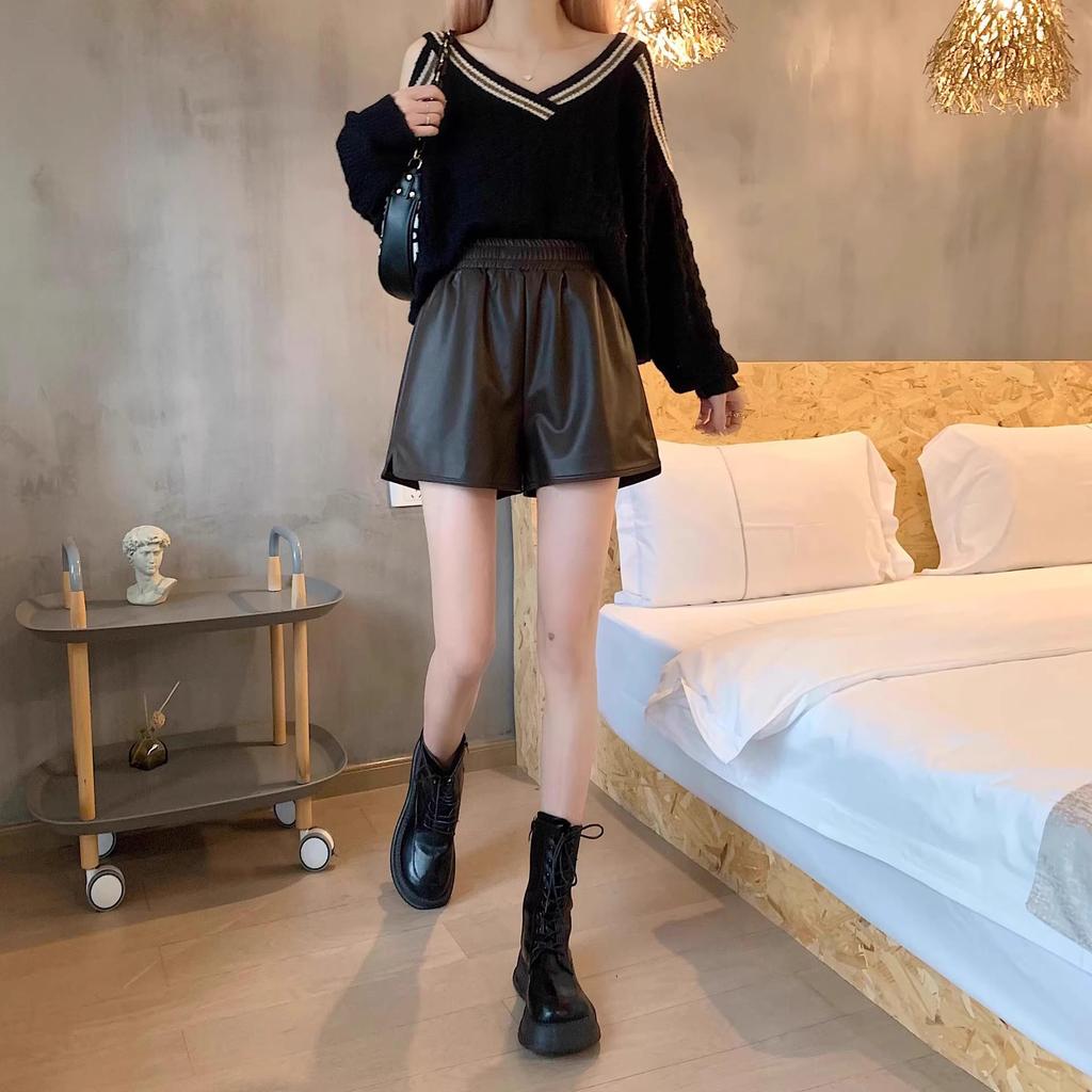 Women's High-Waisted PU Leather A-Line Shorts - Winter 2024, Versatile Wide-Leg Bootcut Pants