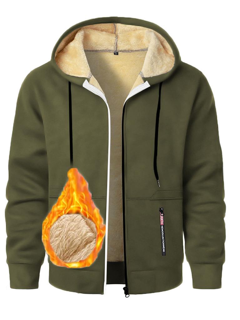 Autumn New Men's Casual Fleece Lined Hooded Zipper Sweatshirt Jacket Solid Color Warm Sportswear Male Fashion Outerwear