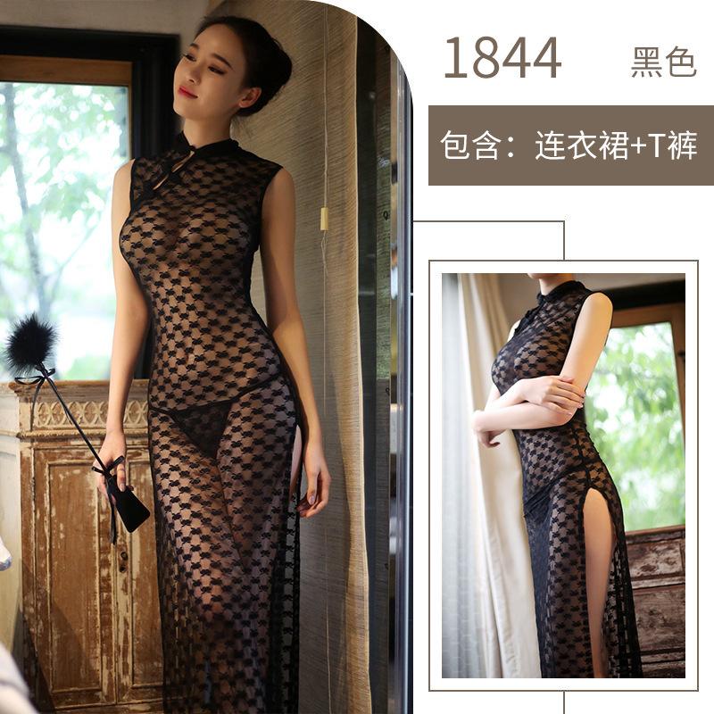 Sex Underwear Sexy Lace Classic Button Cheongsam Side Slits Perspective Breast Sex Uniform Temptation