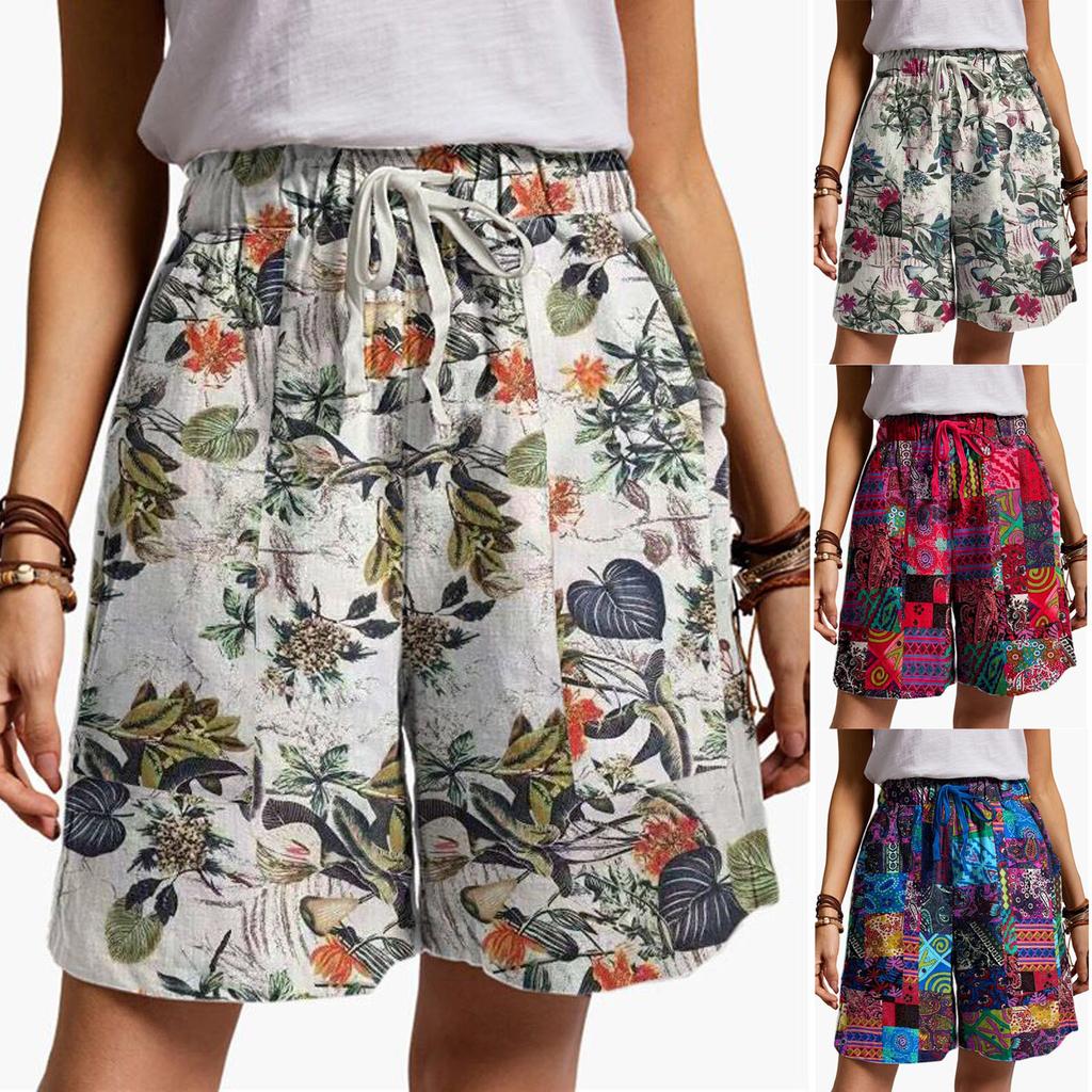 Women's Casual Elastic Waist Drawstring Print Shorts Pockets Summer Linen Shorts