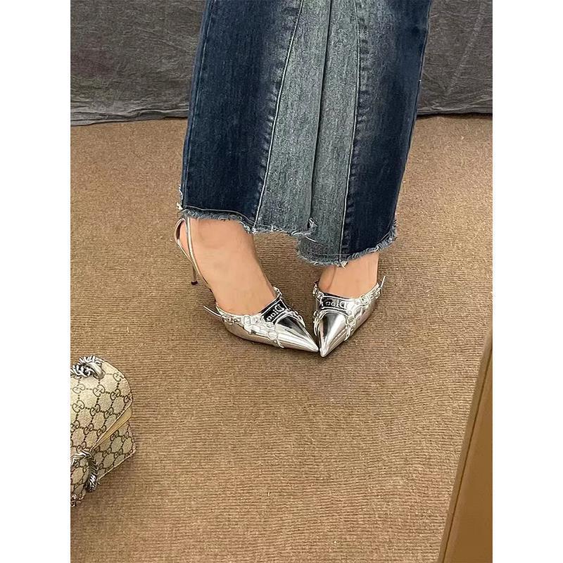 Sommer neu sexy silberner dünner Absatz spitz hohe Absätze Weiblichkeit Nischenmode Mary Jane Einzelschuhe Frauen