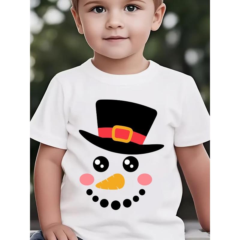 European sizes Boys Summer Short Sleeve Snowman Print Shirt with Applique Hat-Compatible - Round Neck Casual Top, Snowman & Snowman 98cm белый