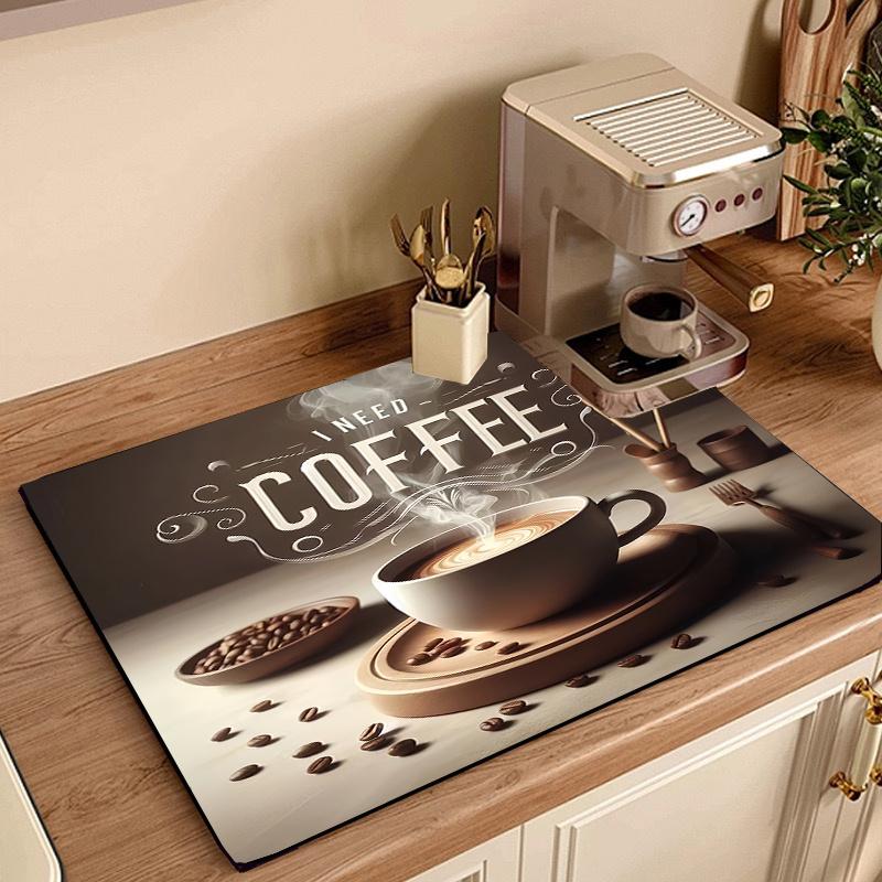 1Pcs Rubber Drying Mat With Coffee Print For Coffee Shop Restaurant Kitchen Carpet Tableware Durable Diatom Mud Table Mat Pet Mat Coffeeware