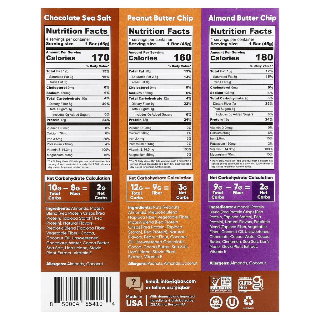 IQBAR, Plant Protein Bars, Chocolate Lover Variety, 12 Bars, 45g (1.6oz) Each