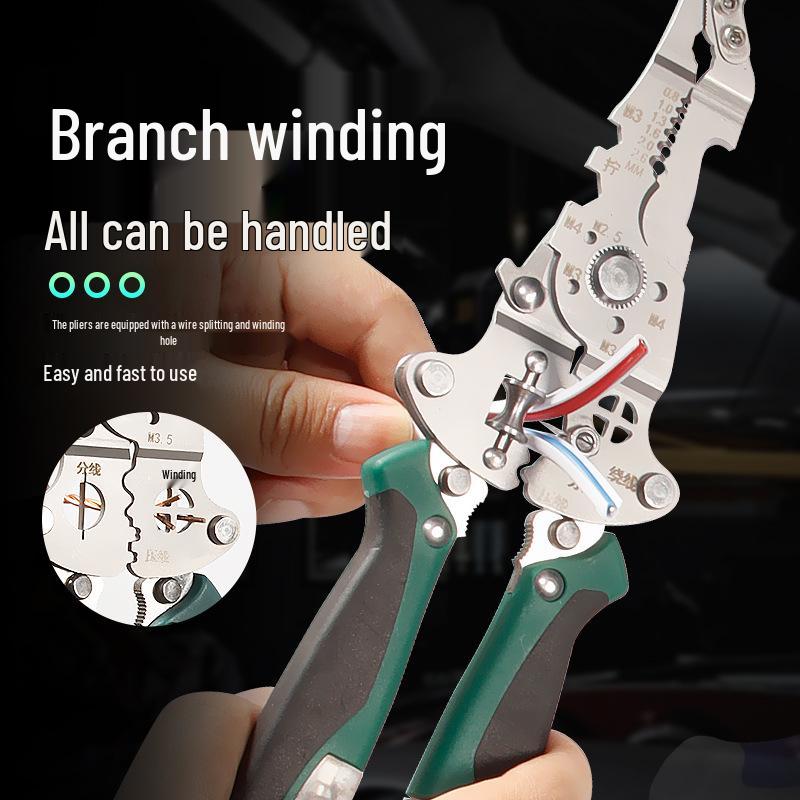 Key Brand Industrial-Grade Multifunction Wire Stripper with Screwdriver, Crimper, Voltage Tester, and Hook Knife for Electricians.
