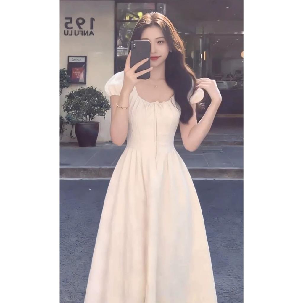 French gentle wind bubble short-sleeved waist dress women's summer sweet temperament slim and thin long A-shaped skirt