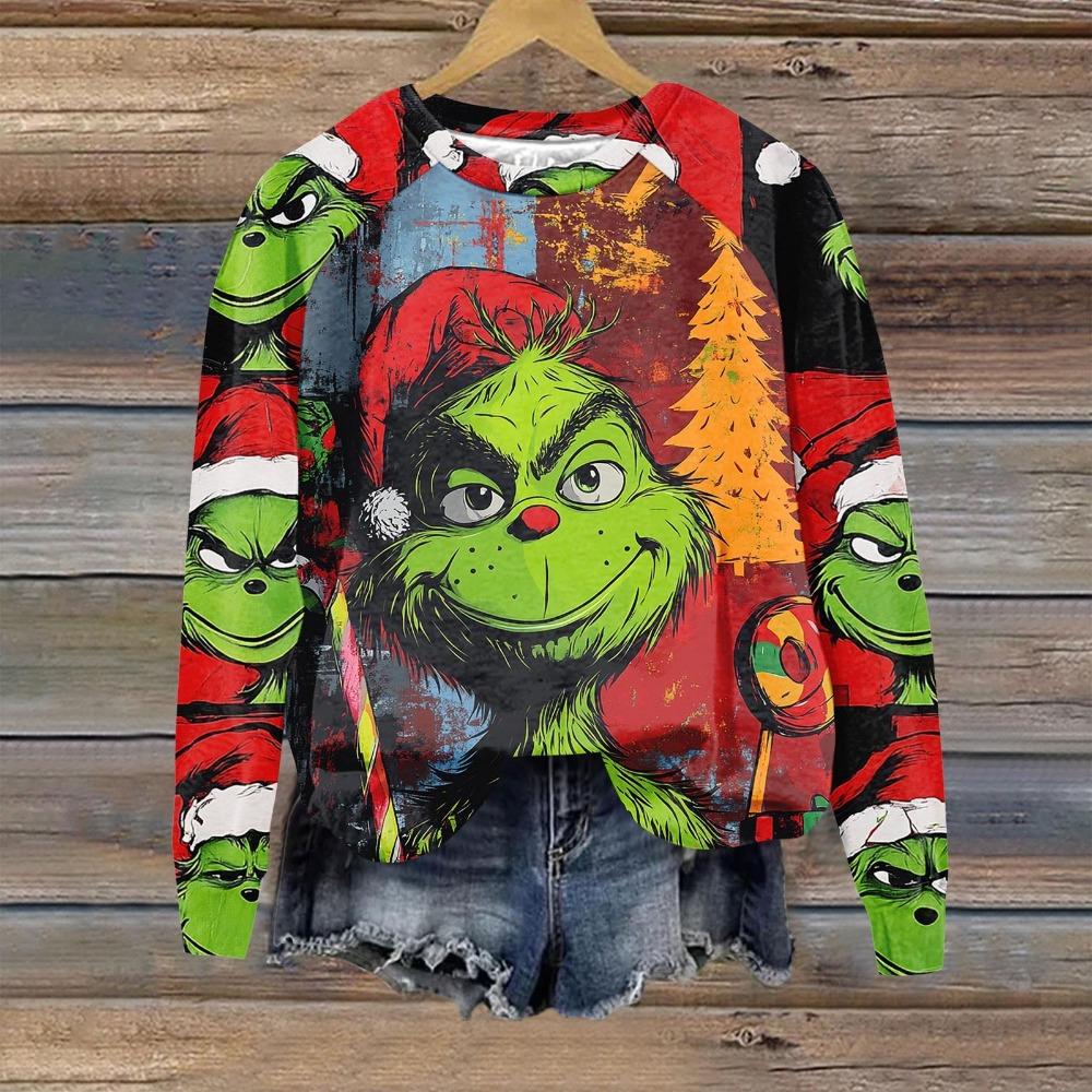 Christmas Fashion Men and Women's Pullover Green Monster Print O-Neck T-shirt Top Casual Outdoor Sweatshirt Kids T-shirt Top Clothing