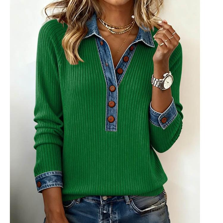 Damen Einfarbig Langarm Revers T-Shirt Damen Freizeit Oberteil