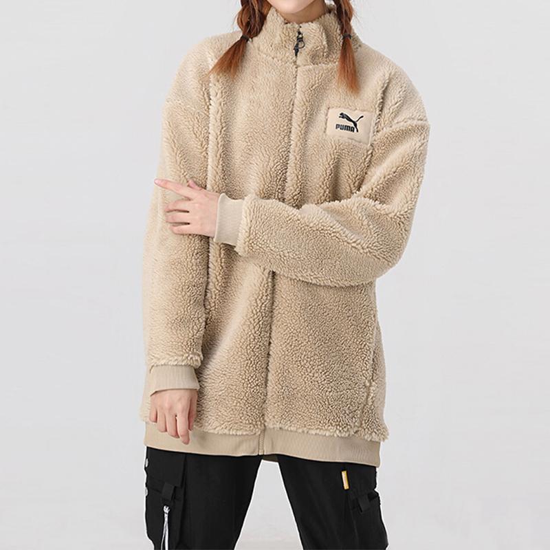 Puma Logo Sherpa Warm Stand Collar Fleece Casual Jacket Women Jacket Light-Khaki 530293-12