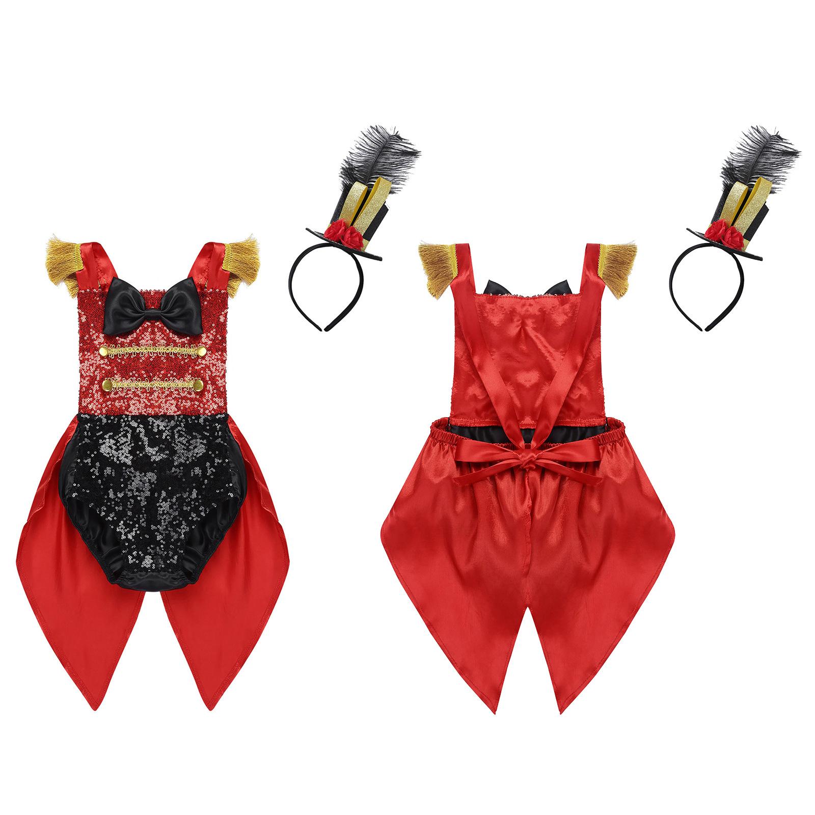 

Дитячий костюм для дівчинки Шоумен Клоун Цирковий Косплей Комбінезон з паєтками та бантом Хелловінська вечірка Вбрання для перевдягання 4-5 Years червоний