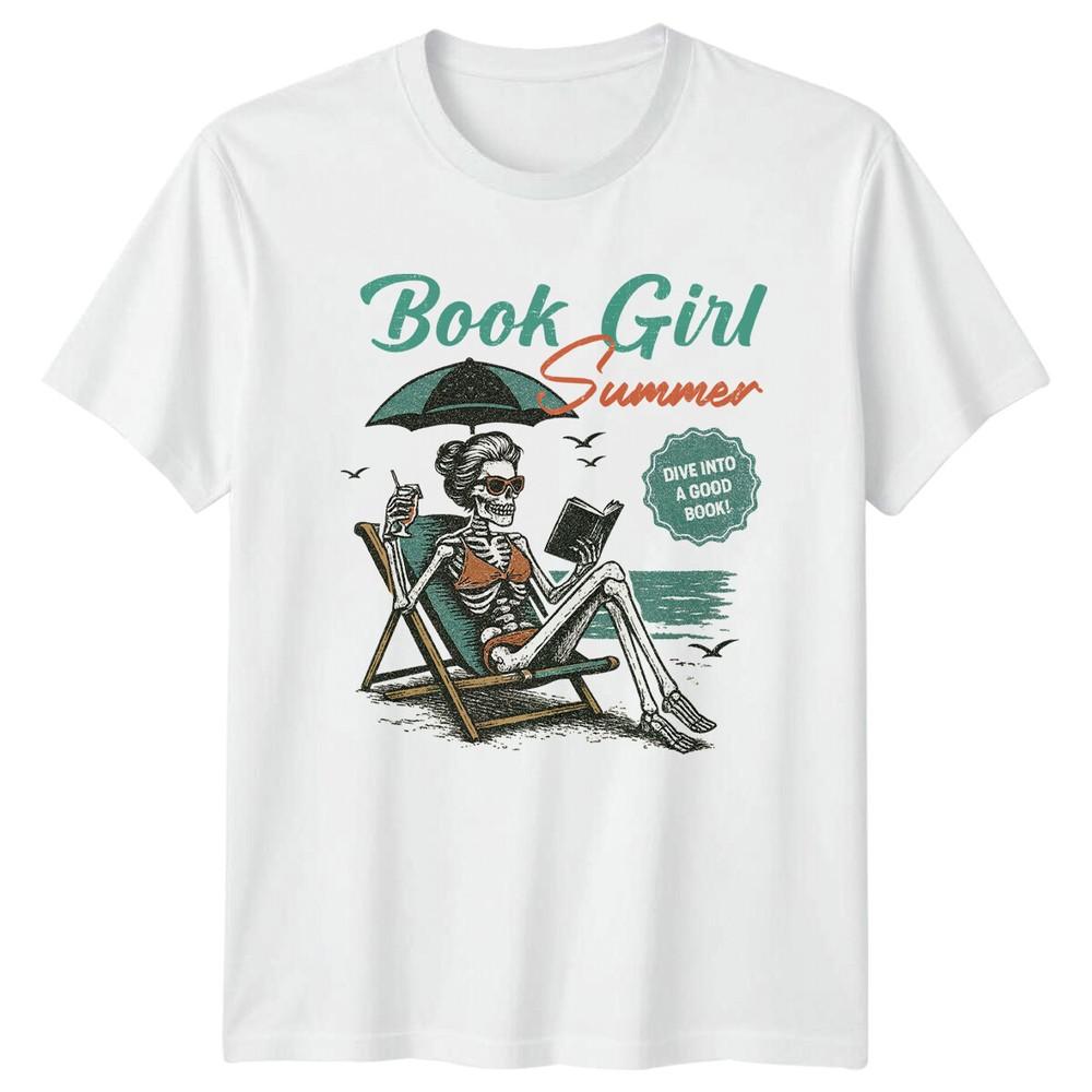 Book Girl Summer Skeleton Beach TShirt Retro Reader Tee S