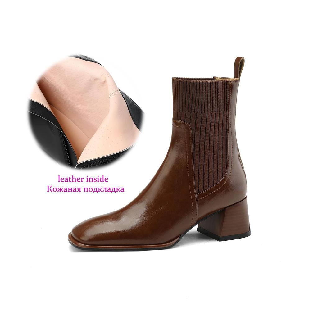 Krazing Pot Cow Skin Autumn Winter Shoes Thick Med Heels Size 43 Western Boots Slip on Stretch Knitwear Ankle Boots