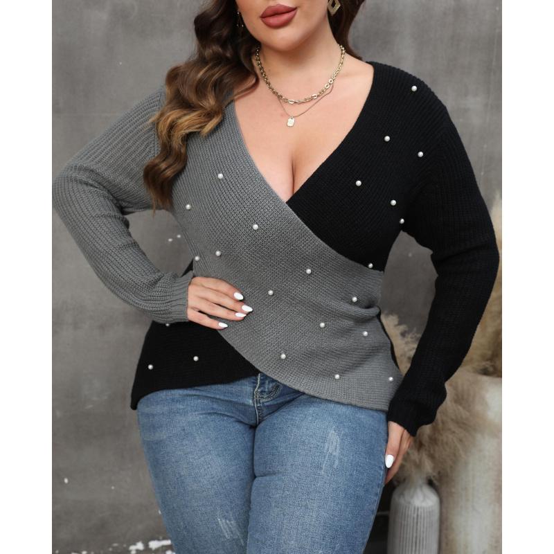 Women's Pearl Top Large Size Women's Contrast Stitching Deep V Cross Sexy Beaded Sweater