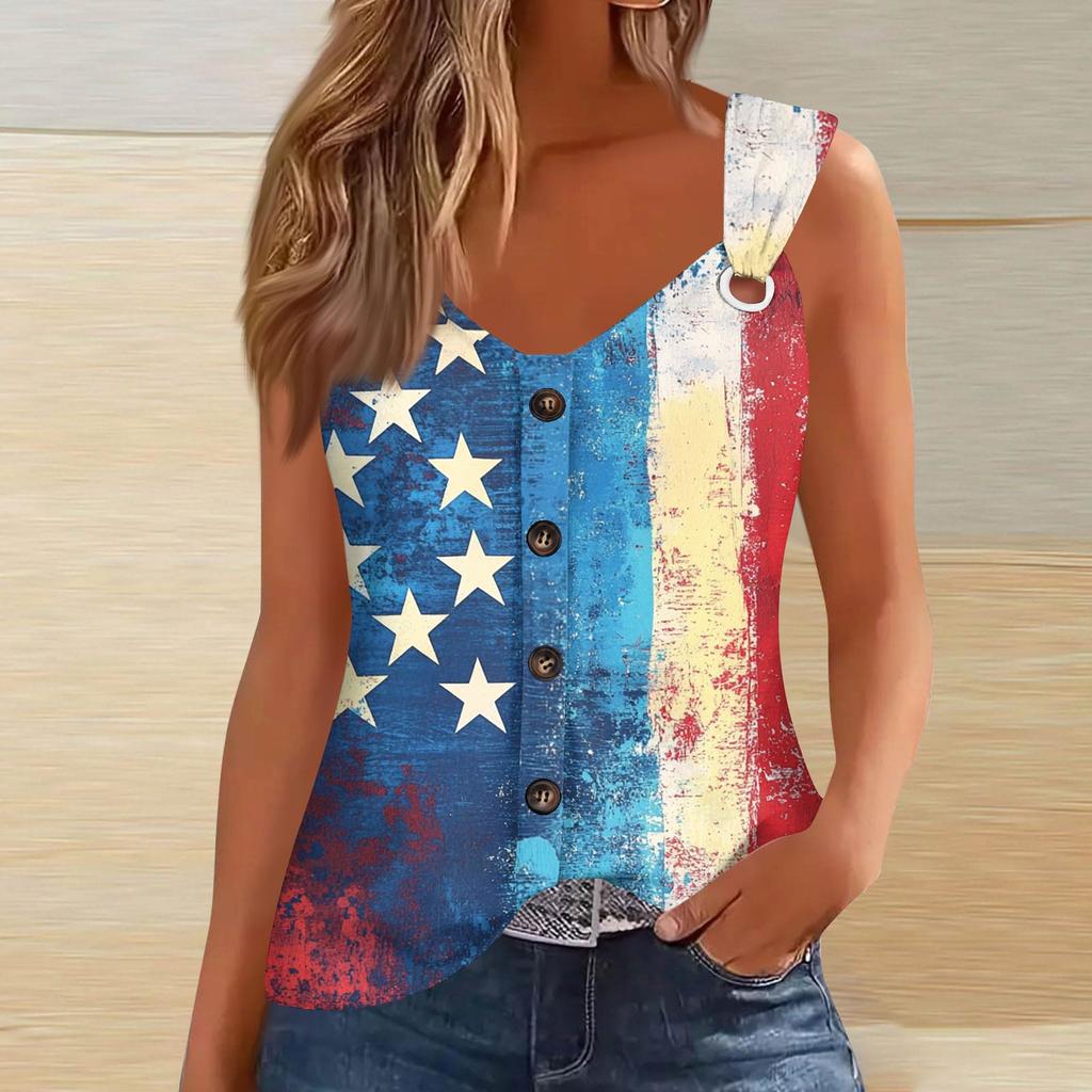 Women's Fashion Casual Loose Sleeveless Buttoned V-Neck Independence Day Printed T-Shirt Top