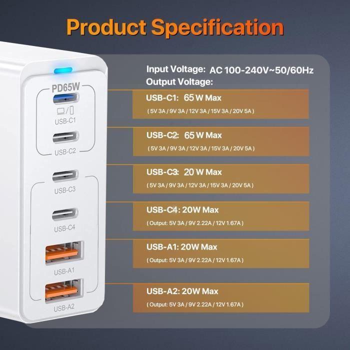 Chargeur USB - Blanc - 165W - 4 USB-C + 2 USB-A - Charge rapide - GaN