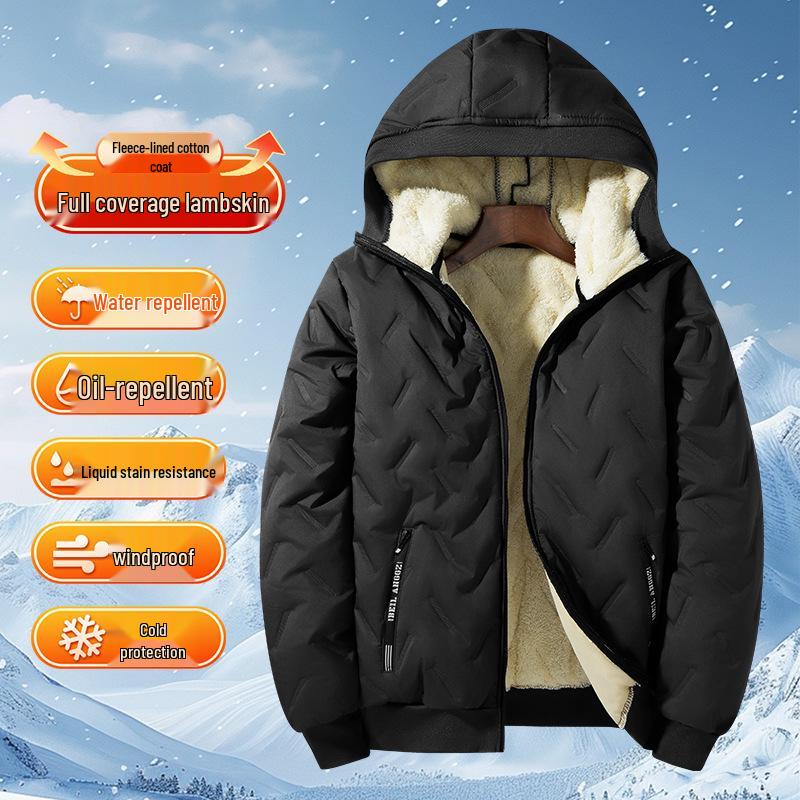 Herren-Lammwoll-Jacke mit Stehkragen und Kapuzenweste mit Fleece-Futter für mittlere und ältere Menschen