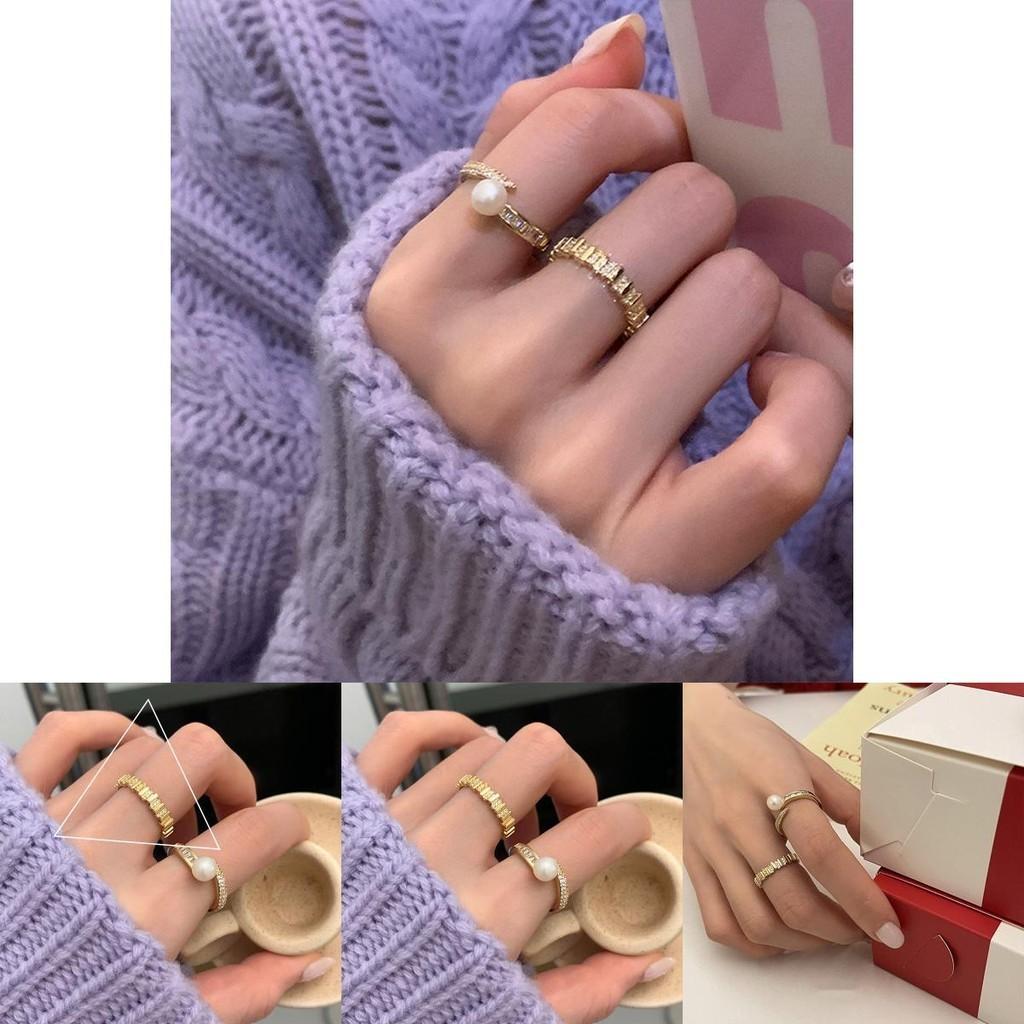 Stylish Ins Inspired Pearl And Crystal Adjustable Ring For Women In Trendy Geometric Style