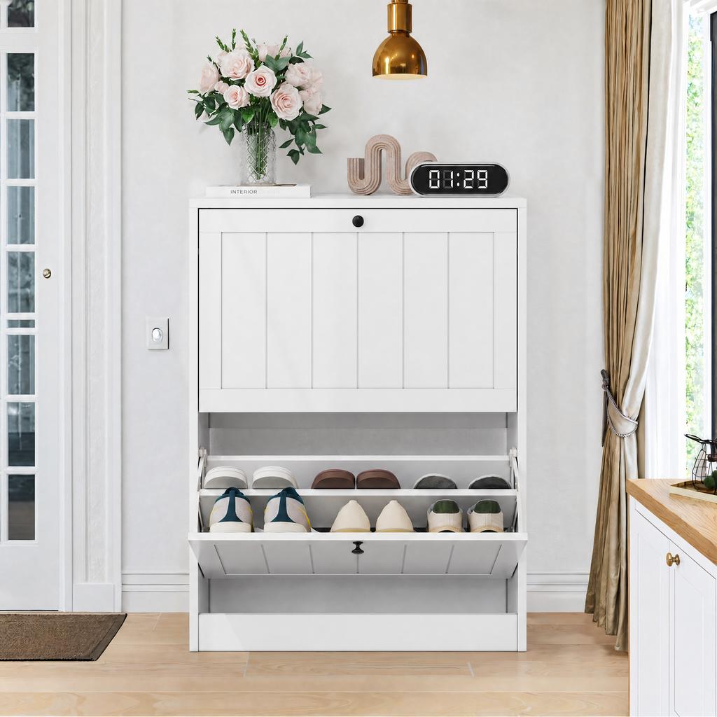 Mobiletto Bianco per Scarpe da 60 cm, Autoportante, Stile Moderno di Metà Secolo, Nascosto, con 2 Cassetti a Ribalta, Adatto per Corridoi e Zone d'Ingresso