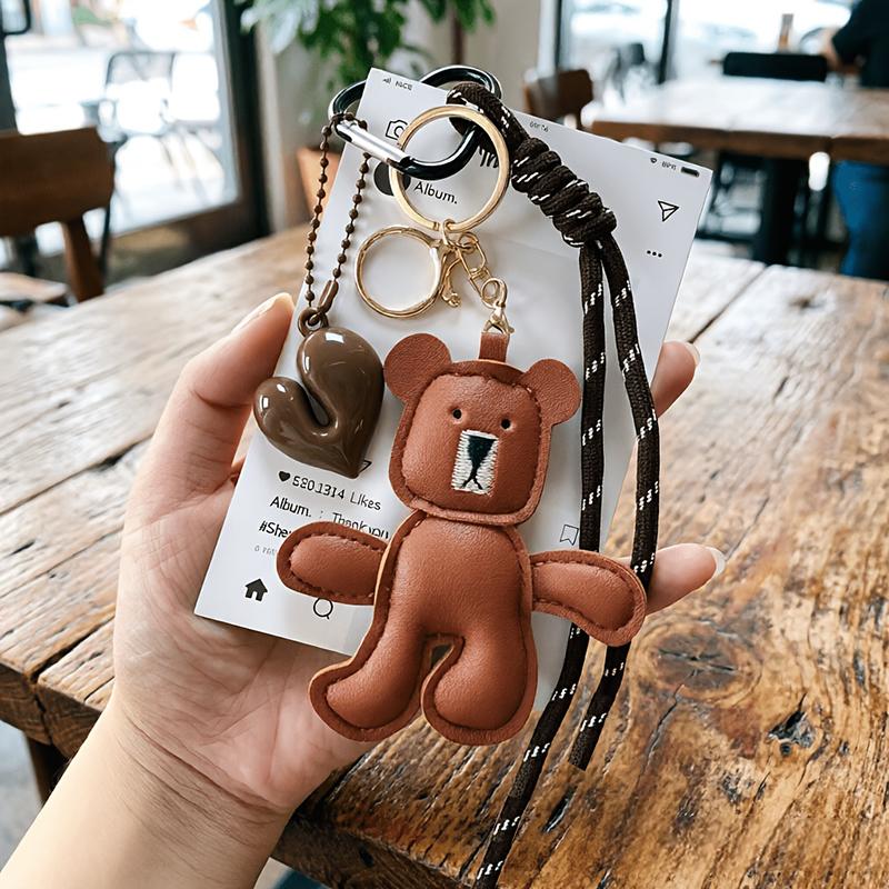 Yogodlns Adorable PU Leather Bear Keychain with Heart Bag Pendant Cute and Funny Purse Charm Relaxing Accessory Keychain