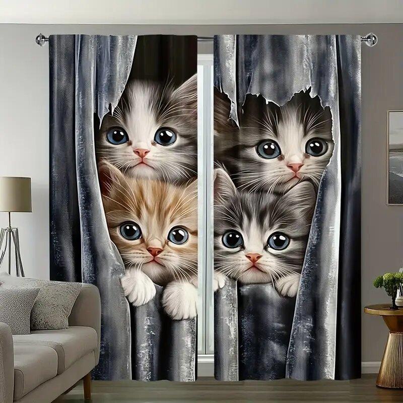 Artistic cat-printed curtains are suitable for bedrooms and living rooms   home decoration   and Christmas