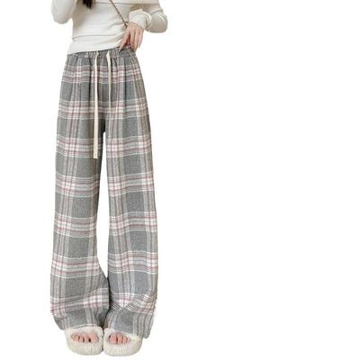 Gray Plaid Pants for Women In Autumn and Winter New High-waist Drooping Retro Casual Straight Laziness Wide-leg Pants