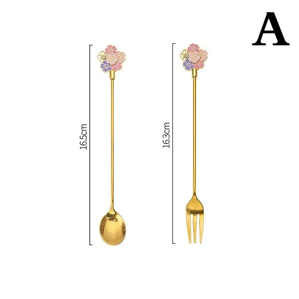 2PCS/set Cherry Blossom Spoon Fork Stainless Steel Coffee Spoons Household Kitchen Star Long Handle Dessert Cake Spooning