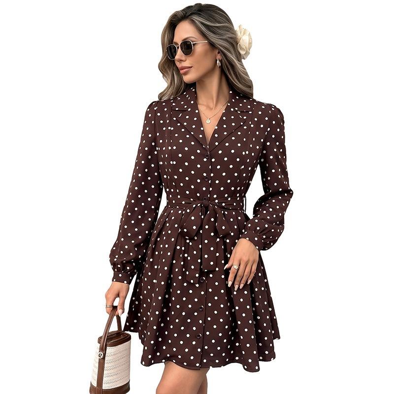 New Style Blouse Skirt Short Dress with Tie Waist and Polka Dot Pattern for Ladies' Dress