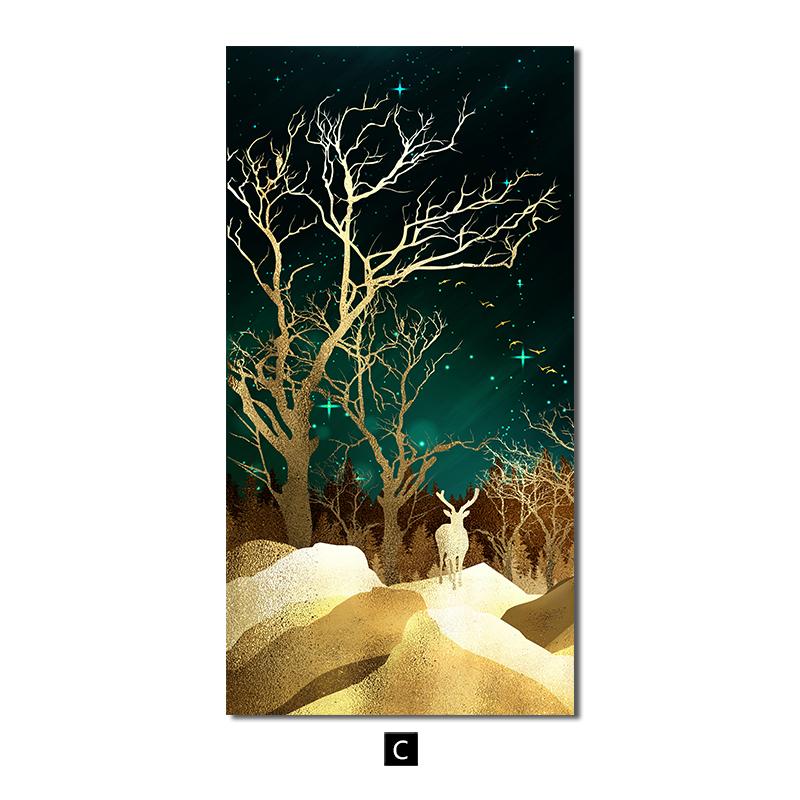 Golden Luxury Landscape Canvas Poster Tree Deer Birds Wall Art Painting Nordic Print Decorative Picture Living Room Home Decor
