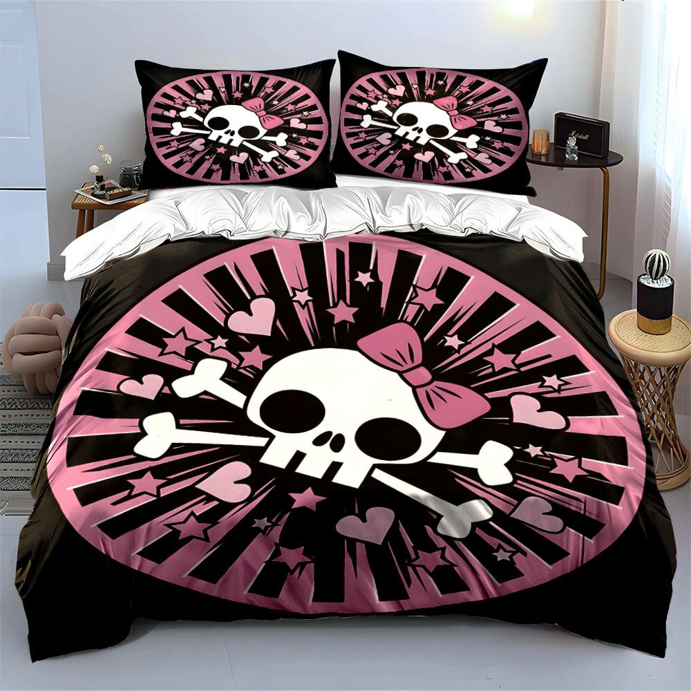 Pink Skull-Themed Modern Decor Set  Kid'S And Adults' Bedroom Decor, Exquisite Three-Piece Bedding Set Gift