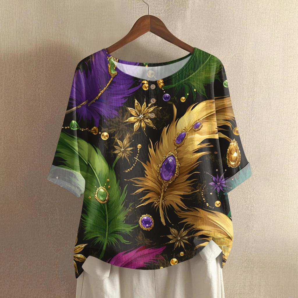 Women's Fashionable And Casual Shirt Half Sleeve Round Neck Print Cotton And Linen Blouse Top