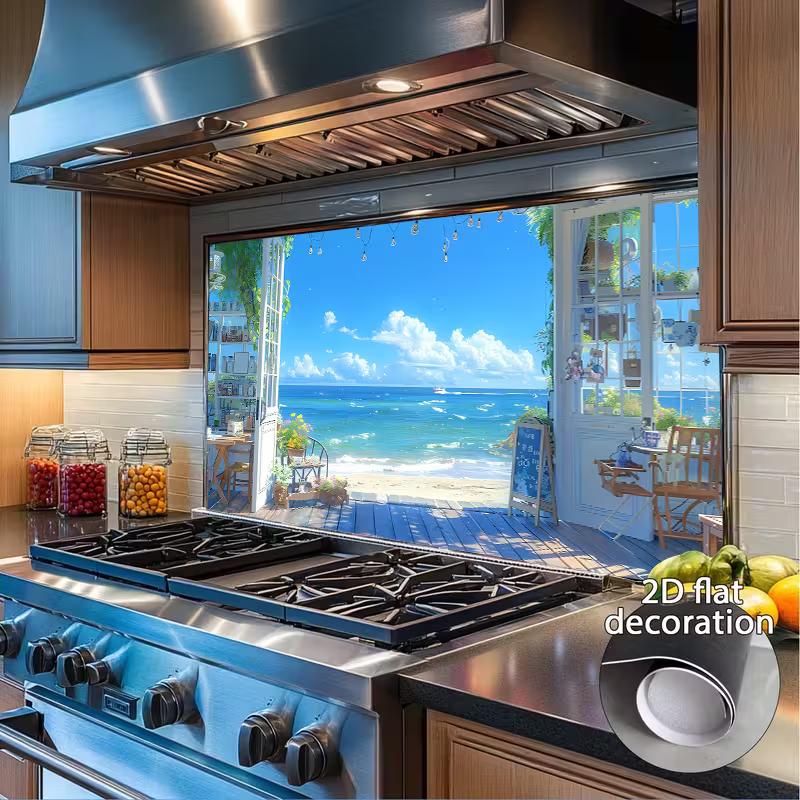 

2D Ocean View Kitchen Backdrop Beach Terrace Style Decorative Sticker 47.2x31.5inch/120*80cm