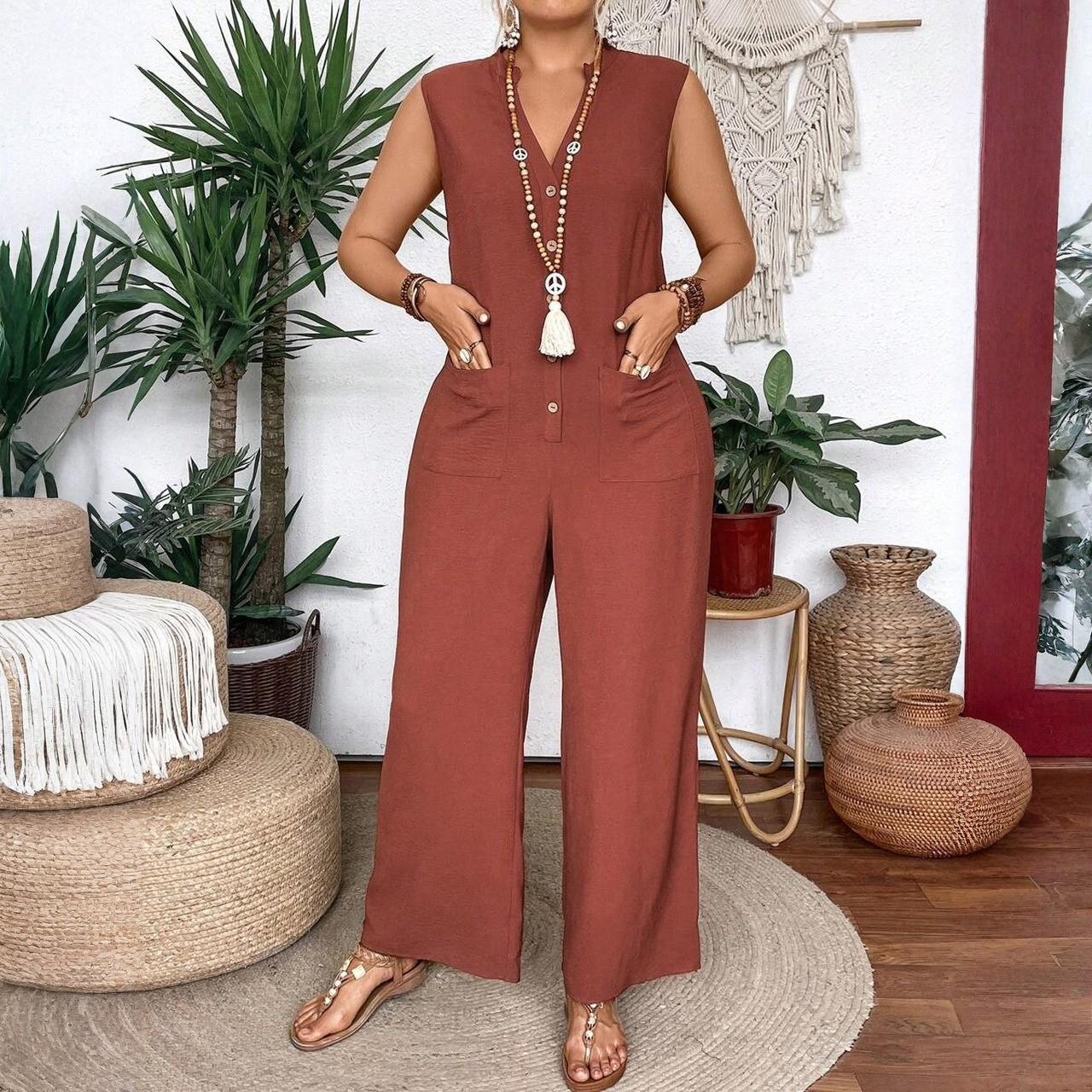 

Женский летний повседневный модный комбинезон большого размера однотонной расцветки без рукавов, свободный и удобный, с широкими штанинами XXXL киноварь