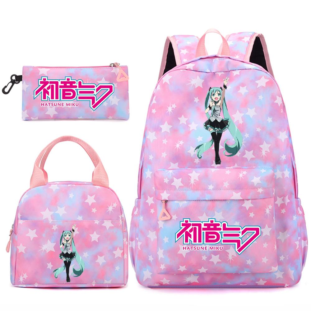 3 Stück/Set Anime Cartoon Hatsune Miku Bedruckter Rucksack Handtasche Federmäppchen für Teenager Schüler Mädchen Jungen Große Kapazität Wasserdicht Schultasche Reisetasche