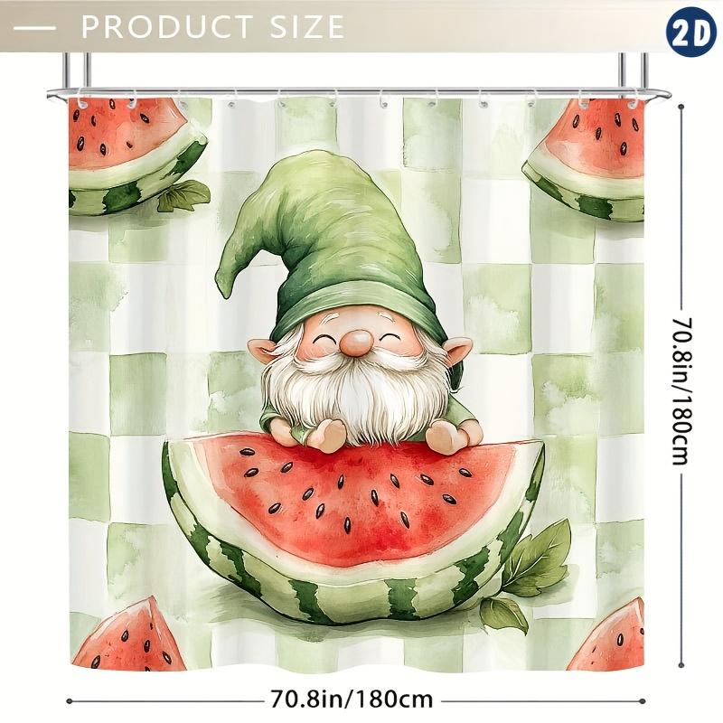1 Stück Skurriler Gartenzwerg Wassermelone Duschvorhang, Strapazierfähiges Polyester, Leicht zu Reinigen, Grün & Weiß Kariert