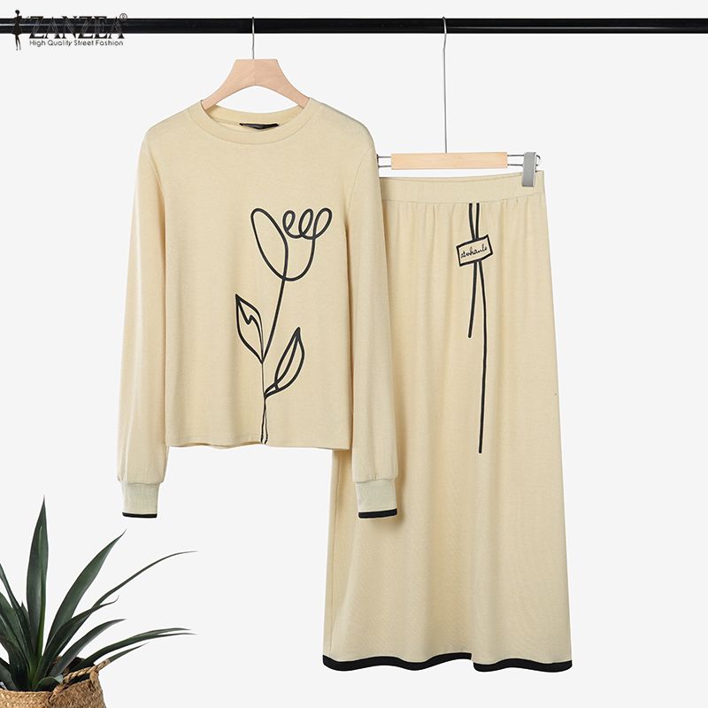 ZANZEA Bluzka z długim rękawem i spodnie damskie, casualowe dwuczęściowe zestawy garniturowe