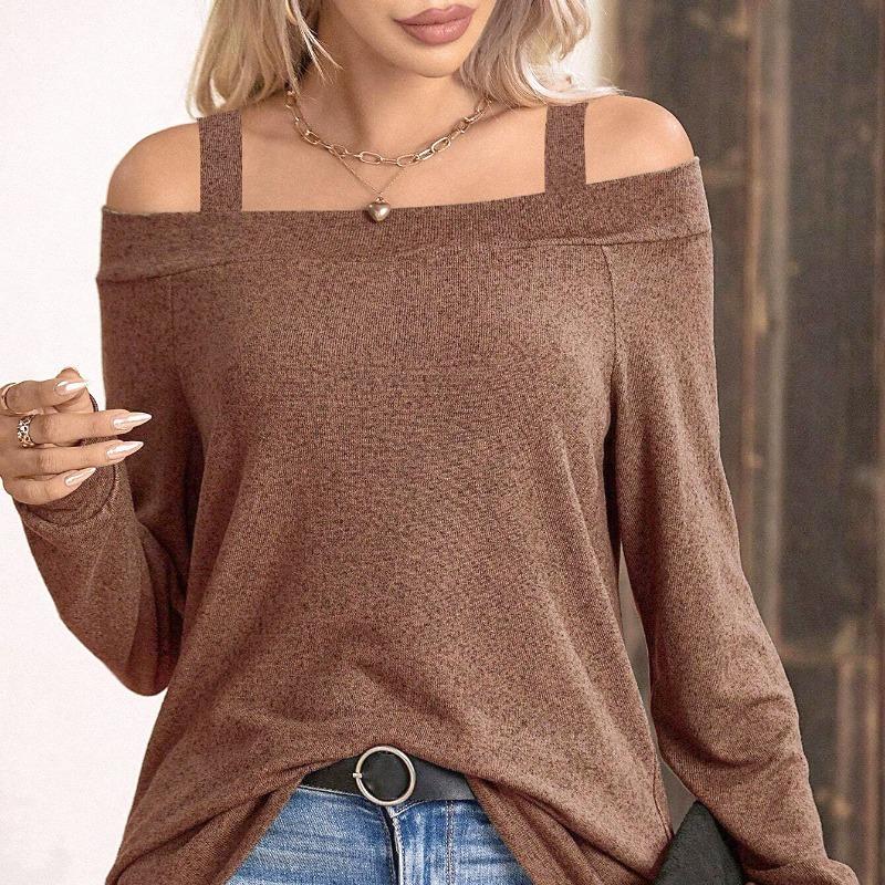 

Женская футболка с длинным рукавом на весну и лето, модный топ одного размера с открытыми плечами, однотонный, однотонная футболка с вырезами S коричневый