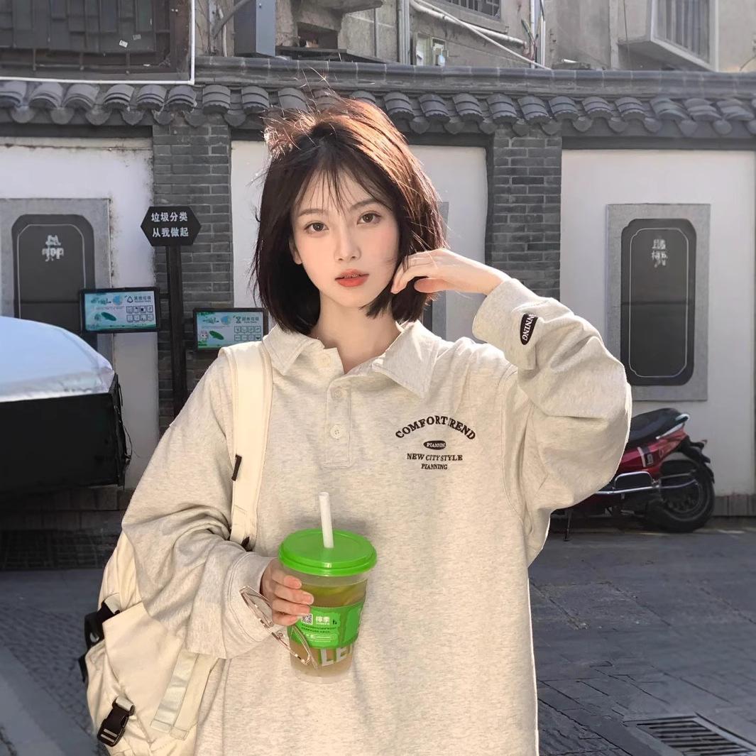 Американское ретро худи с воротником поло женское весенне-осеннее тонкое свободное дизайнерское с лацканами 2XL серый 2235₽