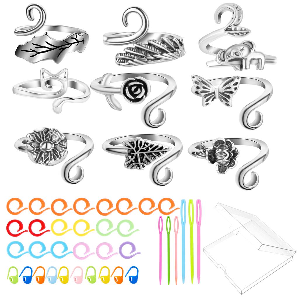 45Pcs/Pack Crochet Tension Ring Kit Stitch Marker Large Eye Plastic Sewing Needle Yarn Guide Finger Holder Thimbles Winder Tool
