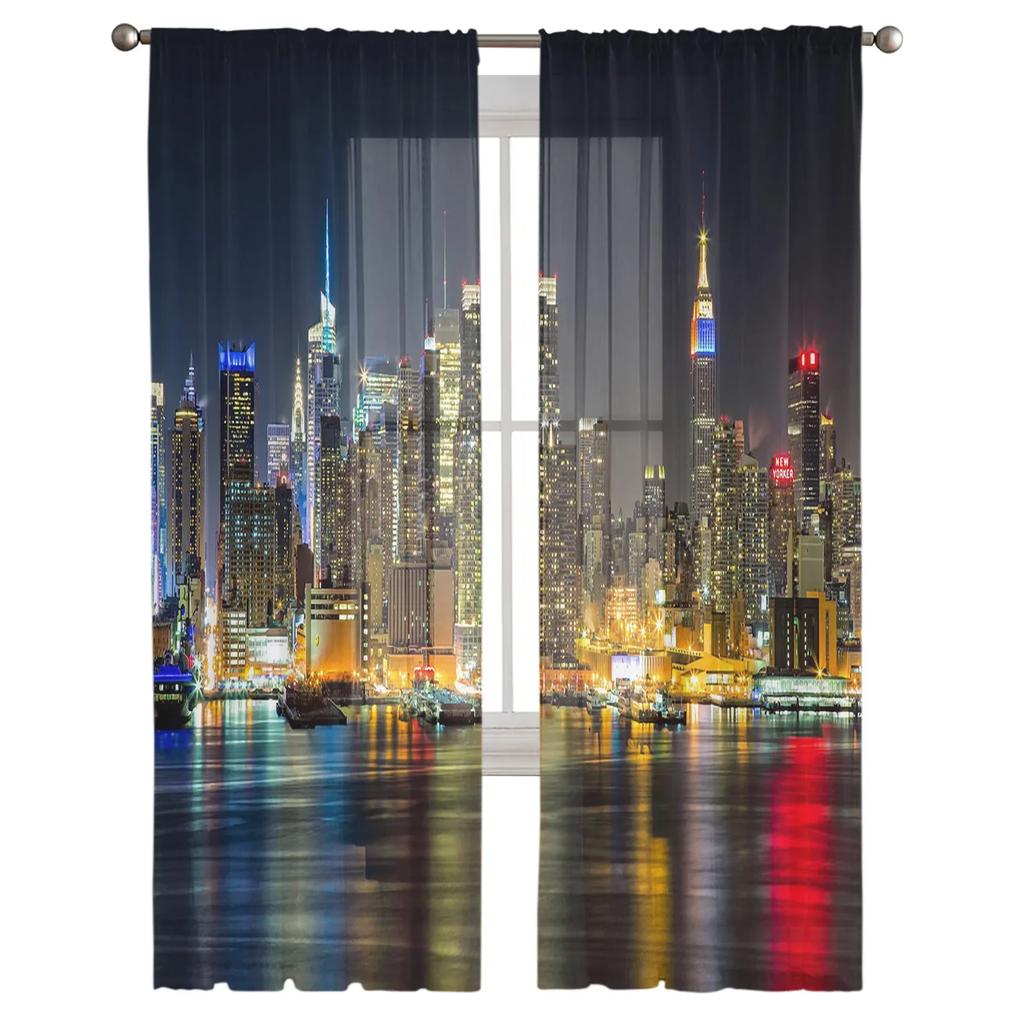 Manhattan City Night View Skira gardiner för vardagsrumsdekoration Tyll Voile Organza Fönstergardiner för kök sovrum